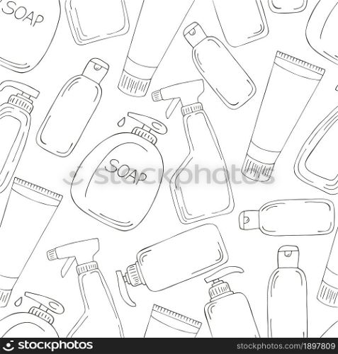 Coloring Seamless pattern. Set of bathroom elements in hand draw style. Collection of cans, packages, tubes. Antiseptic, toothpaste. Monochrome medical seamless pattern. Coloring pages, black and white