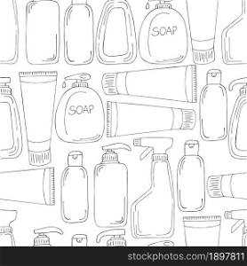 Coloring Seamless pattern. Set of bathroom elements in hand draw style. Collection of cans, tubes. Antiseptic, toothpaste, gel, soap. Monochrome medical seamless pattern. Coloring pages, black and white
