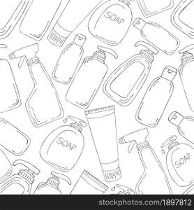 Coloring Seamless pattern. Set of bathroom elements in hand draw style. Collection of cans, tubes. Antiseptic, toothpaste, gel. Monochrome medical seamless pattern. Coloring pages, black and white
