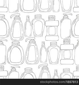 Coloring Seamless pattern. Set of bathroom elements in hand draw style. Collection of cans, tubes. Antiseptic, toothpaste. Monochrome medical seamless pattern. Coloring pages, black and white