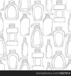 Coloring Seamless pattern. Set of bathroom elements in hand draw style. Collection of packages, tubes. Antiseptic, toothpaste, gel. Monochrome medical seamless pattern. Coloring pages, black and white