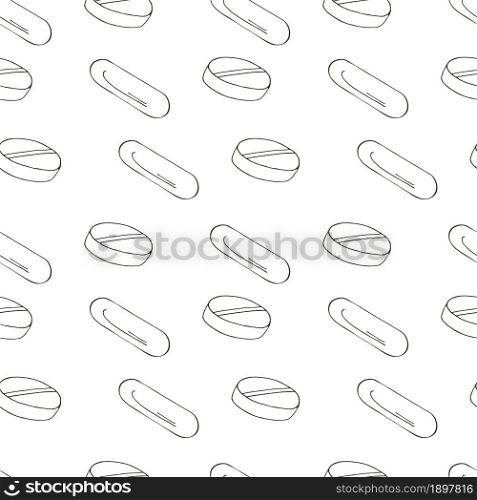 Coloring Seamless pattern. White cartoon medical drugs in hand draw style. Background for packaging, advertising of tablet. Monochrome medical seamless pattern. Coloring pages, black and white