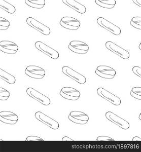 Coloring Seamless pattern. White cartoon medical drugs in hand draw style. Background for packaging, advertising of tablet. Monochrome medical seamless pattern. Coloring pages, black and white