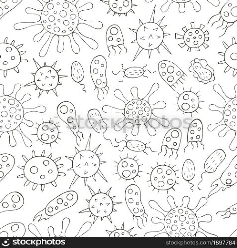 Coloring Seamless pattern with bacteria and viruses. Set of cartoon elements in hand draw style. Coronavirus, microorganisms. Monochrome medical seamless pattern. Coloring pages, black and white
