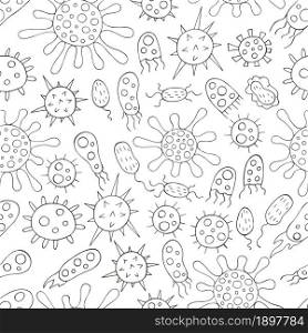 Coloring Seamless pattern with bacteria and viruses. Set of cartoon elements in hand draw style. Coronavirus, microorganisms. Monochrome medical seamless pattern. Coloring pages, black and white