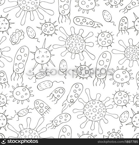 Coloring Seamless pattern with bacteria and viruses. Set of cartoon elements in hand draw style. Coronavirus. Monochrome medical seamless pattern. Coloring pages, black and white