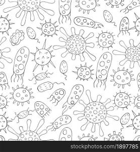 Coloring Seamless pattern with bacteria and viruses. Set of cartoon elements in hand draw style. Coronavirus. Monochrome medical seamless pattern. Coloring pages, black and white