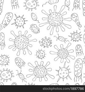 Coloring Seamless pattern with bacteria and viruses. Vector design elements. Set of cartoon microbes in hand draw style. Coronavirus, bacteria, microorganisms. Monochrome medical seamless pattern. Coloring pages, black and white