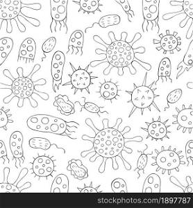 Coloring Seamless pattern with bacteria and viruses. Vector design elements. Set of cartoon microbes in hand draw style. Coronavirus, microorganisms. Monochrome medical seamless pattern. Coloring pages, black and white