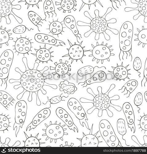 Coloring Seamless pattern with bacteria, viruses. Set of cartoon elements in hand draw style. Coronavirus, microorganisms. Monochrome medical seamless pattern. Coloring pages, black and white