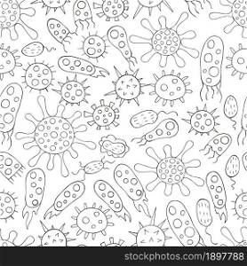 Coloring Seamless pattern with bacteria, viruses. Set of cartoon elements in hand draw style. Coronavirus, microorganisms. Monochrome medical seamless pattern. Coloring pages, black and white