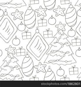 Coloring Seamless vector pattern with stars, Christmas tree decorations. Can be used for fabric, packaging, wrapping paper, textile and etc. Seamless vector pattern. Christmas tree decorations. Pattern in hand draw style