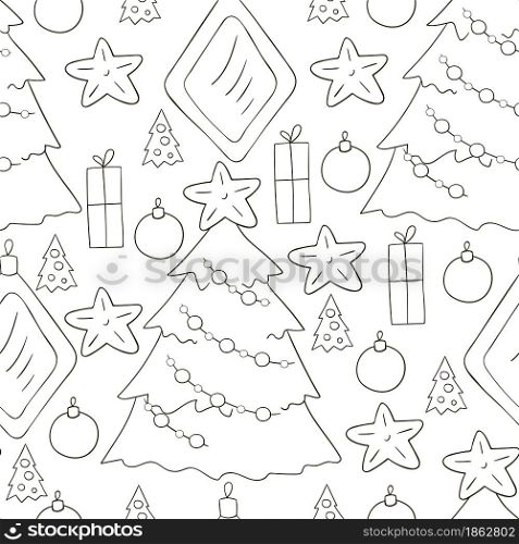 Coloring Seamless vector pattern with stars, Christmas tree decorations. Pattern in hand draw style. Can be used for fabric and etc. Seamless vector pattern. Christmas tree decorations. Pattern in hand draw style