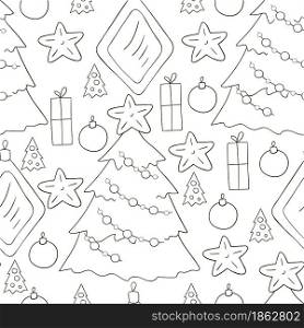 Coloring Seamless vector pattern with stars, Christmas tree decorations. Pattern in hand draw style. Can be used for fabric and etc. Seamless vector pattern. Christmas tree decorations. Pattern in hand draw style