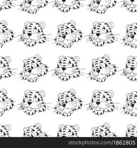 Coloring Seamless vector pattern with tigers faces. Pattern in hand draw style. New Year&rsquo;s holidays 2022. Year of the tiger. Can be used for fabric, wrapping and etc. Coloring Seamless vector pattern with tigers faces. Pattern in hand draw style. New Year&rsquo;s holidays 2022
