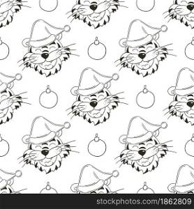 Coloring Seamless vector pattern with tigers heads in Christmas hats. Pattern. New Year&rsquo;s holidays 2022. Year of the tiger. Can be used for packaging and etc. Coloring Seamless vector pattern with tigers faces. Pattern in hand draw style. New Year&rsquo;s holidays 2022