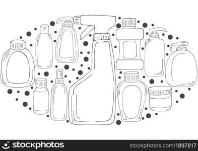 Coloring set elements in the shape of an oval. Bathroom elements in hand draw style. Collection of cans, packages, tubes. Antiseptic, toothpaste, gel, soap. Monochrome medical illustrations. Coloring pages, black and white