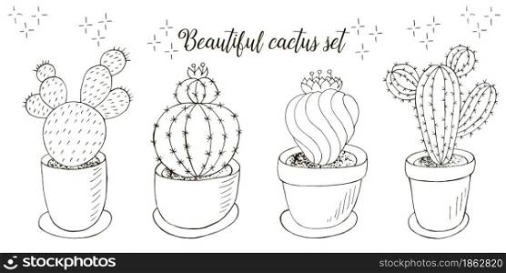 Coloring. Set of cartoon images of cacti in flower pots. Cacti, aloe, succulents. Collection natural elements. Set of cartoon images of cacti. Cacti, aloe, succulents. Collection Decorative natural elements