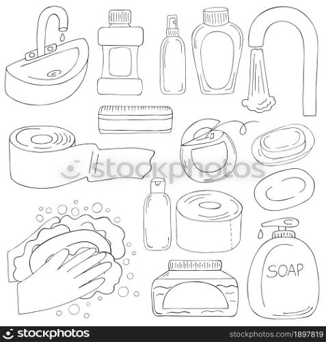 Coloring set of design elements. A set of bathroom items in the style of a hand draw. Collection of cans, packages, tubes. Antiseptic, dental floss, toilet paper. Monochrome medical illustrations. Coloring pages, black and white