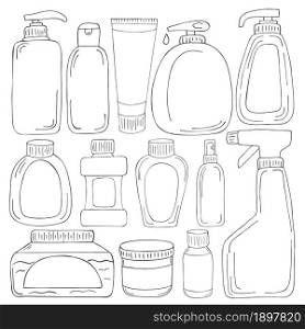 Coloring set of design elements. Set of bathroom elements in hand draw style. Collection of cans, packages, tubes. Antiseptic, toothpaste, gel, soap, cream, rinse. Monochrome medical illustrations. Coloring pages, black and white