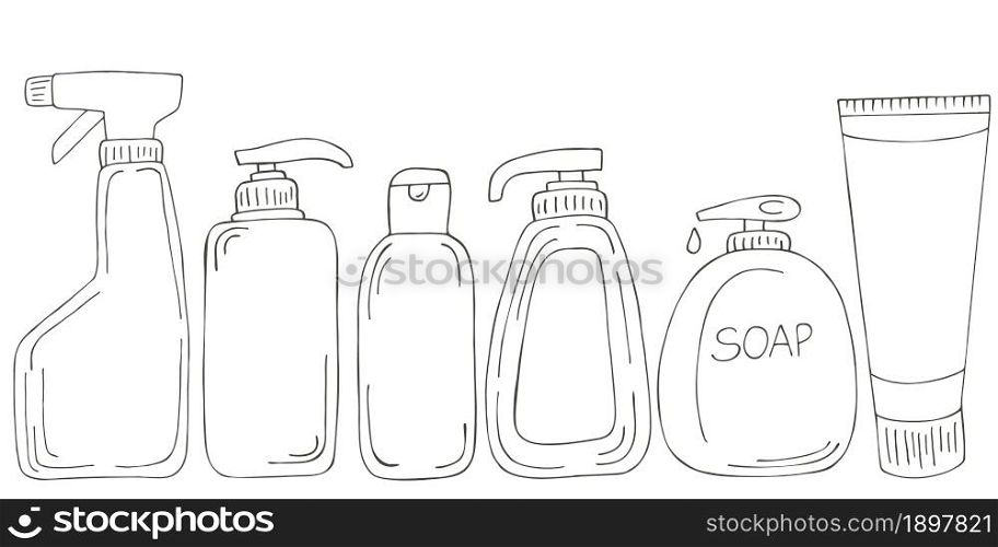 Coloring set of design elements. Set of bathroom elements in hand draw style. Collection of cans, packages, tubes. Antiseptic, toothpaste, gel, soap. Monochrome medical illustrations. Coloring pages, black and white