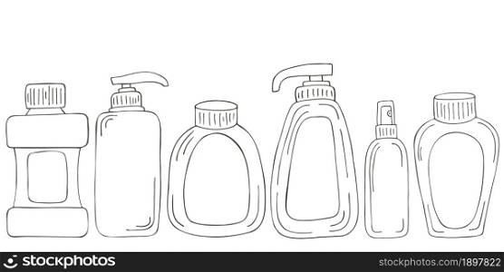 Coloring set of design elements. Set of bathroom elements in hand draw style. Collection of cans, packages, tubes. Antiseptic, toothpaste, gel. Monochrome medical illustrations. Coloring pages, black and white