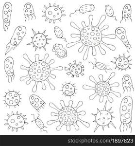 Coloring set of design elements. Set of cartoon microbes in hand draw style. Coronavirus, viruses, bacteria, microorganisms. Monochrome medical illustrations. Coloring pages, black and white
