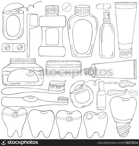 Coloring set of design elements. Set of elements for the care of the oral cavity in hand draw style. Teeth cleaning, dental health. Teeth, floss, brush, paste, rinse. Monochrome medical illustrations. Coloring pages, black and white