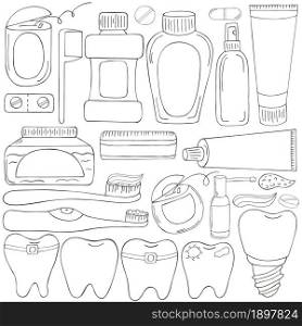 Coloring set of design elements. Set of elements for the care of the oral cavity in hand draw style. Teeth cleaning, dental health. Teeth, floss, brush, paste, rinse. Monochrome medical illustrations. Coloring pages, black and white