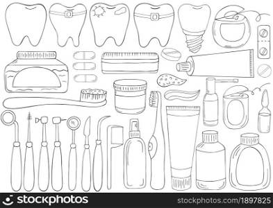 Coloring Set of elements for the care of the oral cavity in hand draw style. Teeth cleaning, dental health, dental instruments. Dental floss, paste. Monochrome medical illustrations. Coloring pages, black and white