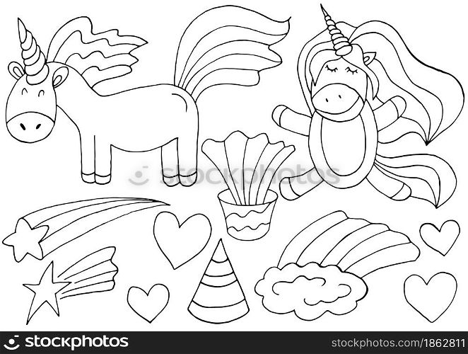 Coloring unicorn design elements in hand draw style. Girly fairy collection. Unicorn, horn, rainbow, heart. Unicorn cartoon style. Sign, sticker. Coloring unicorn design elements in hand draw style