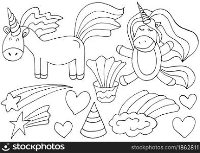 Coloring unicorn design elements in hand draw style. Girly fairy collection. Unicorn, horn, rainbow, heart. Unicorn cartoon style. Sign, sticker. Coloring unicorn design elements in hand draw style