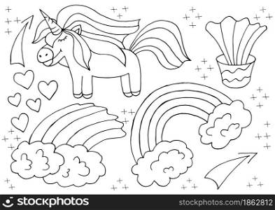 Coloring unicorn design elements in hand draw style. Girly fairy collection. Unicorn, horn, rainbow, heart. Unicorn icons, cartoon style. Sign, sticker pin. Coloring unicorn design elements in hand draw style