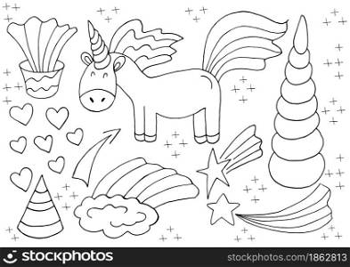 Coloring unicorn design elements in hand draw style. Girly fairy collection. Unicorn, horn, rainbow, heart. Unicorn icons, cartoon style. Sign, sticker. Coloring unicorn design elements in hand draw style