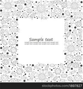 Coloring vector elements. Set of cartoon microbes in hand draw style. Coronavirus, viruses, bacteria, microorganisms. Monochrome medical illustrations. Coloring pages, black and white