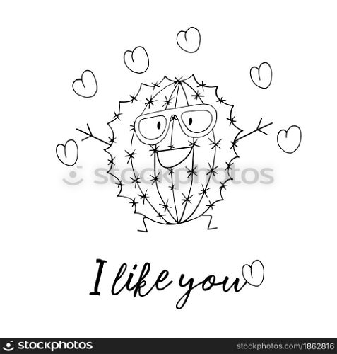 Coloring vector illustration. Cartoon cactus. Stylish cactus with glasses. Hearts, love. I like you. Coloring vector illustration. Cartoon cactus. Stylish cactus