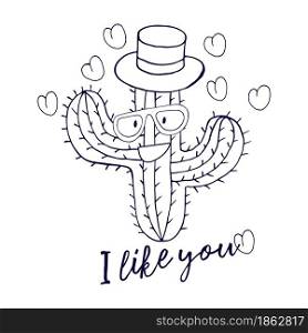 Coloring vector illustration. Cartoon image of a cactus. Stylish cactus in a hat and glasses. Hearts, love. I like you. Coloring vector illustration. Cartoon cactus. Stylish cactus