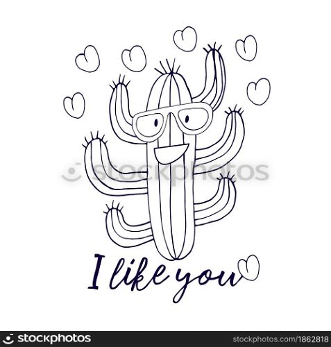 Coloring vector illustration. Cartoon image of a cactus. Stylish cactus with glasses. Hearts, love. I like you. Coloring vector illustration. Cartoon cactus. Stylish cactus
