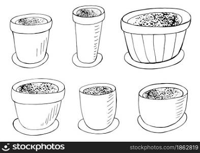 Coloring vector illustration. Set of cartoon flower pots. Illustration elements for your design. Coloring vector illustration. Set of cartoon flower pots