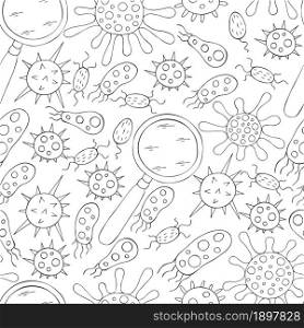 Coloring Vector Seamless pattern bacteria and microbes. Search for viruses, magnifier. Cartoon microbes in hand draw style. Coronavirus, viruses, bacteria. Monochrome medical seamless pattern. Coloring pages, black and white