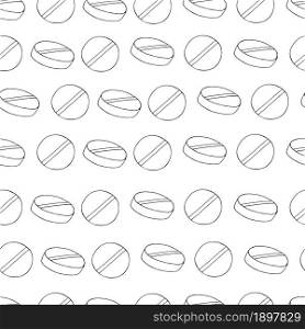 Coloring Vector Seamless pattern. Cartoon medical drugs in hand draw style. Background for packaging, advertising of tablets, capsules. Monochrome medical seamless pattern. Coloring pages, black and white