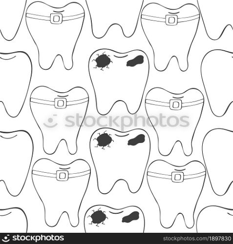 Coloring Vector Seamless pattern. Cartoon teeth in hand draw style. Background for packaging, advertising. Healthy teeth, caries, braces. Monochrome medical seamless pattern. Coloring pages, black and white