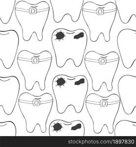 Coloring Vector Seamless pattern. Cartoon teeth in hand draw style. Background for packaging, advertising. Healthy teeth, caries, braces. Monochrome medical seamless pattern. Coloring pages, black and white
