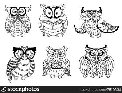 Colorless decorative owls, cute little owlets and old wise eagle owls with ornamental wings and big eyes. Childish book, Halloween or mascot usage. Decorative colorless owls and cute owlets
