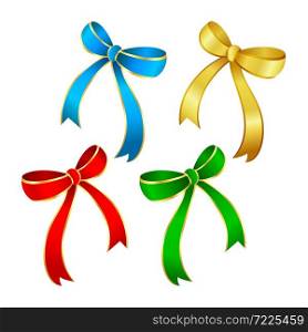 Colors collection of ribbons bows. Blue, green, red and gold. Vector illustration isolated on white background.