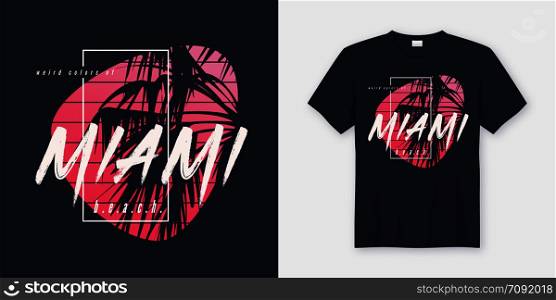 Colors of Miami beach graphic tee vector design with palm tree silhouette. Global swatches.