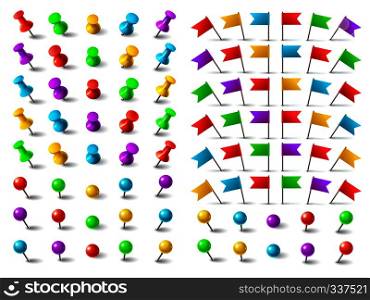 Colors pushpin, navigation pinned flag, and distance thumbtack. Push pins for pushing on map board isolated on white background vector set. Colors pushpin, pinned flag, and thumbtack. Push pins for pushing on map board isolated vector set