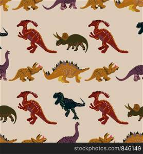 Coloured dinosaurs seamless pattern on beige background. Cute hand drawn sketch style textile, wrapping paper, background design. . Coloured dinosaurs seamless pattern on beige background