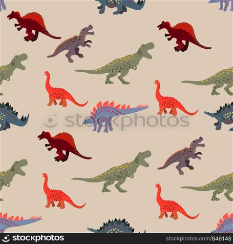 Coloured dinosaurs seamless pattern on light beige background. Cute hand drawn sketch style textile, wrapping paper, background design. . Coloured dinosaurs seamless pattern on light beige background
