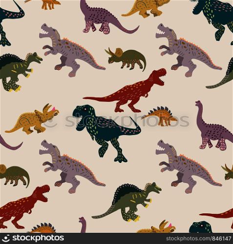 Coloured dinosaurs seamless pattern on light pink background. Flat style dinosaur character illustration. Cute hand drawn sketch style textile, wrapping paper, background design. . Coloured dinosaurs seamless pattern on light pink background